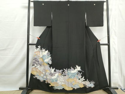 平和屋着物■豪華黒留袖　刺繍　群鶴風景花文　松竹梅　正絹　逸品　DABJ0056qa