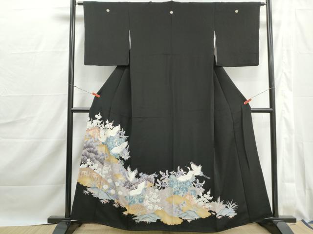 平和屋着物■豪華黒留袖　刺繍　群鶴風景花文　松竹梅　正絹　逸品　DABJ0056qa