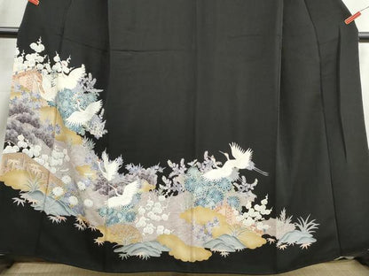 平和屋着物■豪華黒留袖　刺繍　群鶴風景花文　松竹梅　正絹　逸品　DABJ0056qa