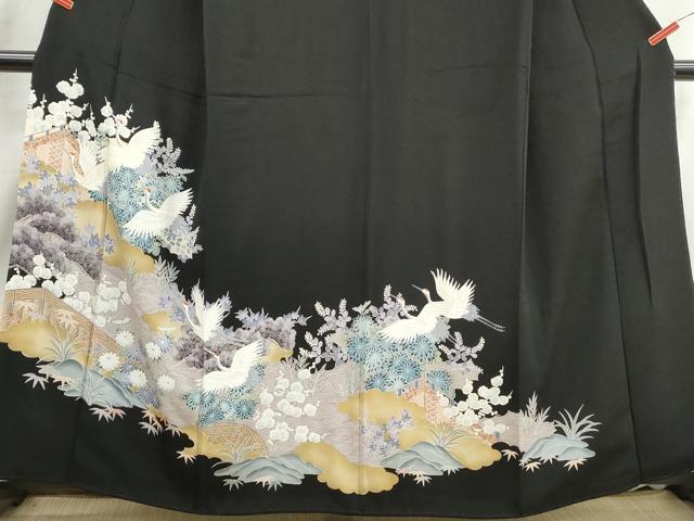 平和屋着物■豪華黒留袖　刺繍　群鶴風景花文　松竹梅　正絹　逸品　DABJ0056qa