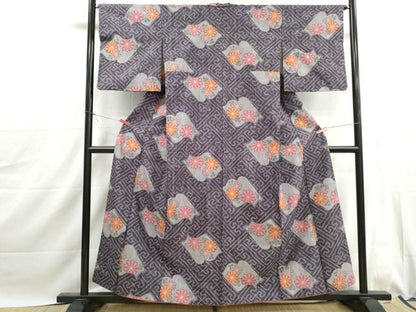 平和屋着物■上質な紬　紗綾形菊文　正絹　逸品　DABJ0058qa