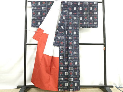 平和屋着物■上質な紬　格子笹花文　正絹　逸品　DABJ0063qa