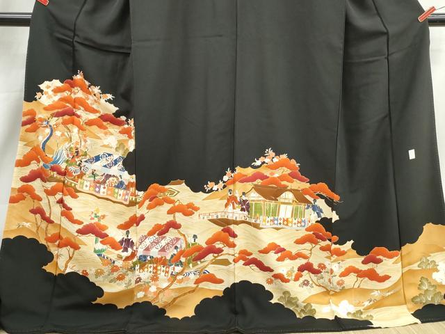 平和屋着物■豪華黒留袖　駒刺繍　人物風景文　金彩　ロング丈　正絹　逸品　DABJ0067qa