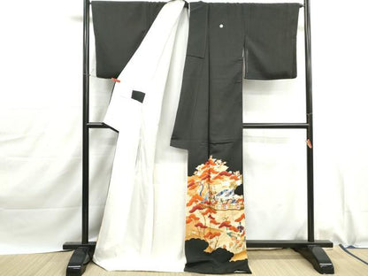 平和屋着物■豪華黒留袖　駒刺繍　人物風景文　金彩　ロング丈　正絹　逸品　DABJ0067qa
