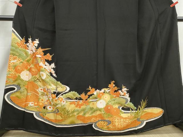 平和屋着物■豪華黒留袖　駒刺繍　花鳥文　尾長鳥　松竹梅　金彩　正絹　逸品　未使用　DABJ0080qa