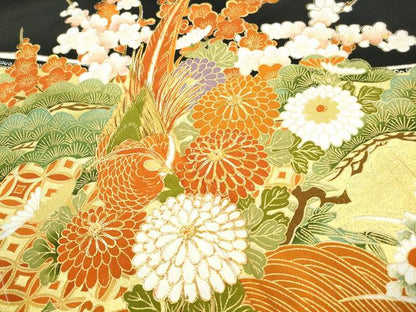 平和屋着物■豪華黒留袖　駒刺繍　花鳥文　尾長鳥　松竹梅　金彩　正絹　逸品　未使用　DABJ0080qa