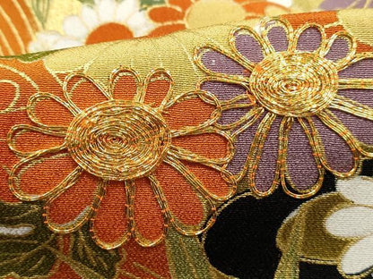 平和屋着物■豪華黒留袖　駒刺繍　花鳥文　尾長鳥　松竹梅　金彩　正絹　逸品　未使用　DABJ0080qa