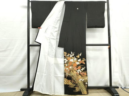 平和屋着物■豪華黒留袖　駒刺繍　渡橋風景花松文　金彩　正絹　逸品　DABJ0083qa
