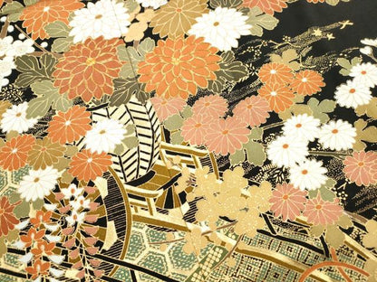 平和屋着物■豪華黒留袖　駒刺繍　渡橋風景花松文　金彩　正絹　逸品　DABJ0083qa