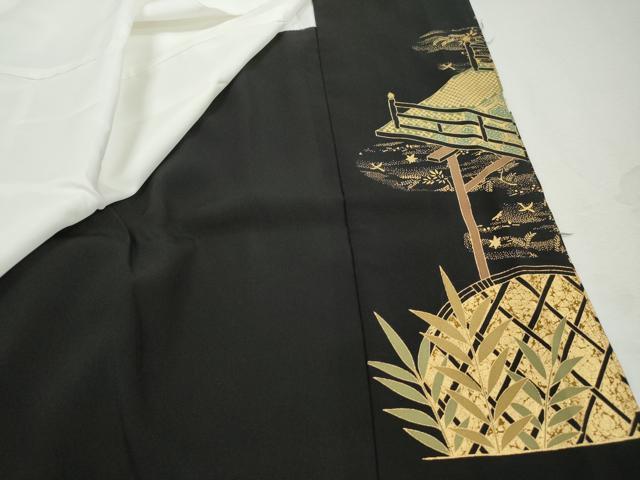 平和屋着物■豪華黒留袖　駒刺繍　渡橋風景花松文　金彩　正絹　逸品　DABJ0083qa