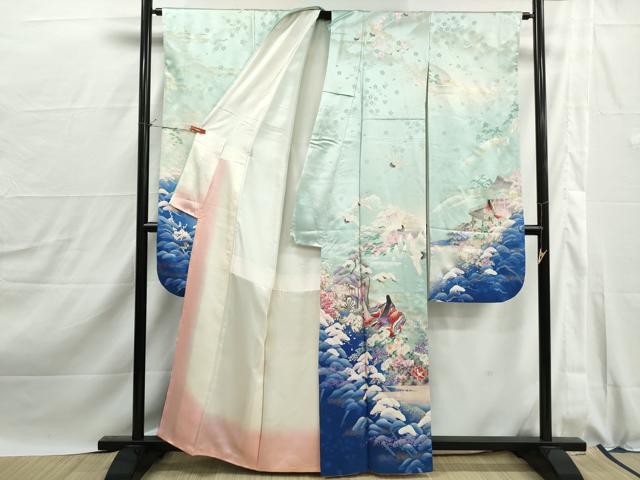平和屋着物■豪華振袖　駒刺繍　人物御所車花文　群鶴　暈し染め　金銀彩　正絹　逸品　DABJ0100qa