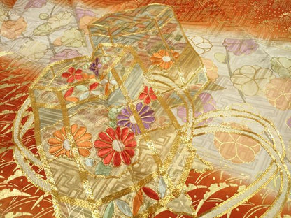 平和屋着物■豪華振袖　駒刺繍　貝桶花文　暈し染め　金彩　正絹　逸品　DABJ0103qa