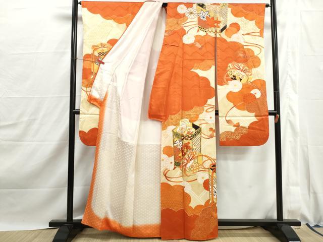 平和屋着物■豪華振袖　駒刺繍　重ね雲貝桶花文　金彩　正絹　逸品　DABJ0111qa