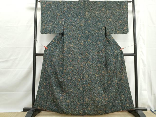 平和屋着物■小紋　花鳥文　鬼しぼ縮緬　洗える着物　DABJ0129qa