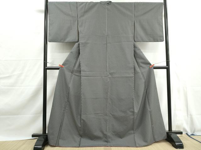 平和屋着物■小紋　格子文　黒地　洗える着物　DABJ0133qa