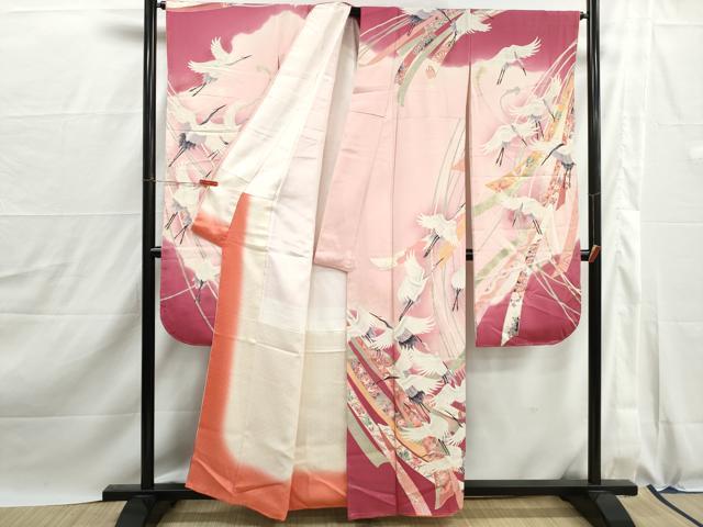 平和屋着物■振袖　鬘帯花蝶文　群鶴　暈し染め　金彩　洗える着物　DABJ0140qa