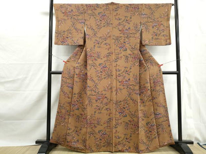平和屋着物■上質な小紋　型染め　風景花文　松竹梅　鬼しぼ縮緬　正絹　逸品　DABJ0143qa