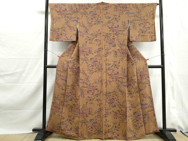 平和屋着物■上質な小紋　型染め　風景花文　松竹梅　鬼しぼ縮緬　正絹　逸品　DABJ0143qa