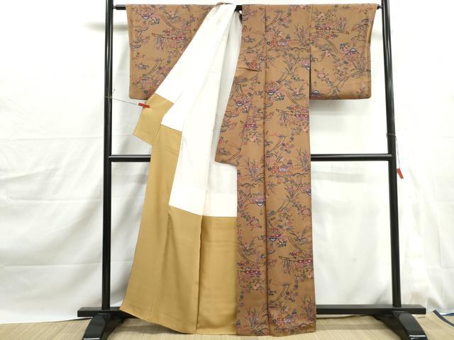 平和屋着物■上質な小紋　型染め　風景花文　松竹梅　鬼しぼ縮緬　正絹　逸品　DABJ0143qa