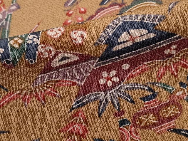 平和屋着物■上質な小紋　型染め　風景花文　松竹梅　鬼しぼ縮緬　正絹　逸品　DABJ0143qa