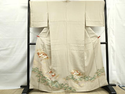 平和屋着物■豪華色留袖　駒刺繍　渡橋扇面群鶴花文　金彩　正絹　逸品　DABJ0146qa