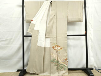 平和屋着物■豪華色留袖　駒刺繍　渡橋扇面群鶴花文　金彩　正絹　逸品　DABJ0146qa