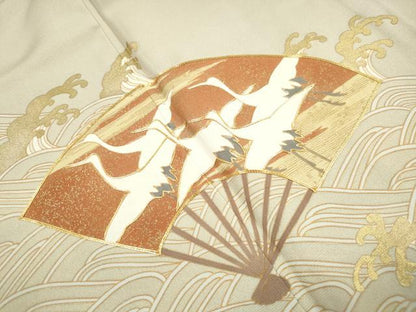 平和屋着物■豪華色留袖　駒刺繍　渡橋扇面群鶴花文　金彩　正絹　逸品　DABJ0146qa