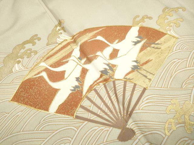 平和屋着物■豪華色留袖　駒刺繍　渡橋扇面群鶴花文　金彩　正絹　逸品　DABJ0146qa