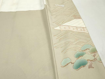 平和屋着物■豪華色留袖　駒刺繍　渡橋扇面群鶴花文　金彩　正絹　逸品　DABJ0146qa