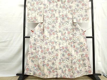 平和屋着物■上質な小紋　型染め　流水草花文　鬼しぼ縮緬　正絹　逸品　DABJ0157qa