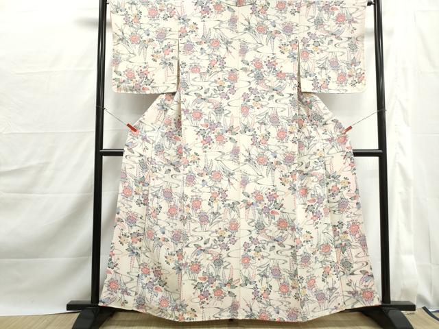 平和屋着物■上質な小紋　型染め　流水草花文　鬼しぼ縮緬　正絹　逸品　DABJ0157qa