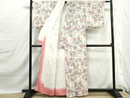 平和屋着物■上質な小紋　型染め　流水草花文　鬼しぼ縮緬　正絹　逸品　DABJ0157qa