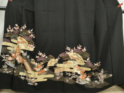 平和屋着物■豪華黒留袖　駒刺繍　渡橋扇面花文　金彩　正絹　逸品　DABJ0165qa