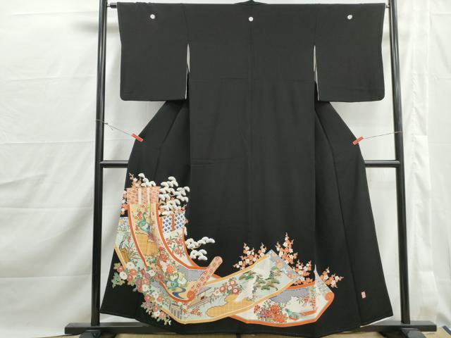 平和屋着物■豪華黒留袖　刺繍　絵巻花鳥文　鶴　金糸　正絹　逸品　DABJ0166qa