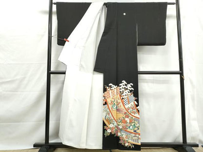 平和屋着物■豪華黒留袖　刺繍　絵巻花鳥文　鶴　金糸　正絹　逸品　DABJ0166qa