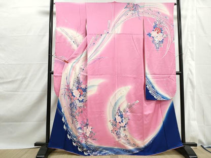 平和屋着物■豪華振袖　霞草花文　暈し染め　金銀彩　正絹　逸品　DABJ0168qa