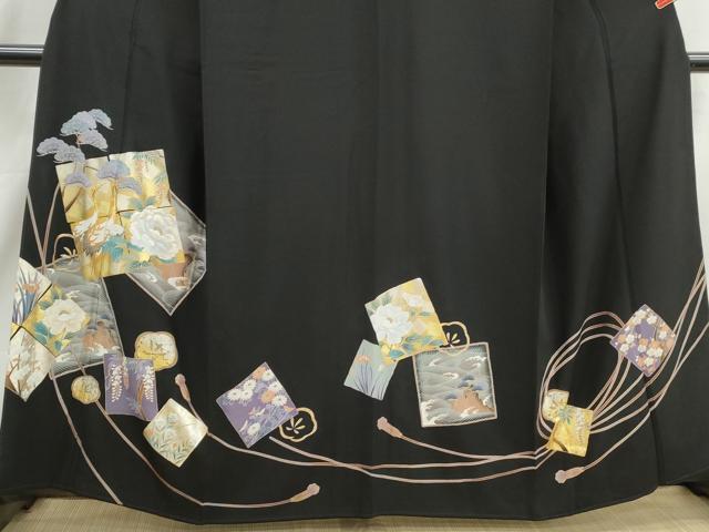 平和屋着物■豪華黒留袖　駒刺繍　地紙飛鶴花松文　牡丹　金銀彩　正絹　逸品　DABJ0171qa