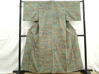 平和屋着物■上質な小紋　紬地　更紗花鳥文　正絹　逸品　DABJ0193qa