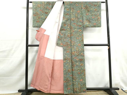 平和屋着物■上質な小紋　紬地　更紗花鳥文　正絹　逸品　DABJ0193qa