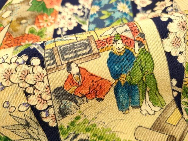 平和屋着物■上質な小紋　鬘帯人物風景文　正絹　逸品　DABJ0204qa