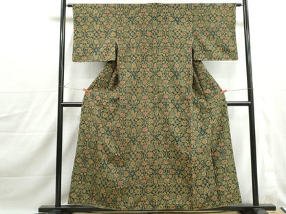 平和屋着物■上質な小紋　紬地　更紗花文　正絹　逸品　DABJ0209qa