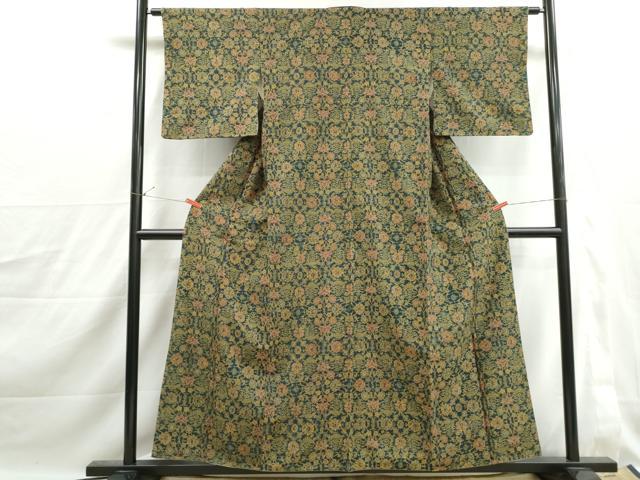 平和屋着物■上質な小紋　紬地　更紗花文　正絹　逸品　DABJ0209qa