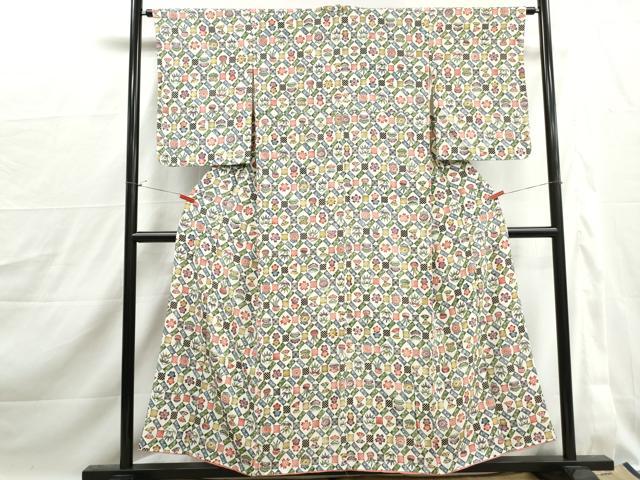 平和屋着物■上質な小紋　型染め　扇面花文　松竹梅　正絹　逸品　DABJ0215qa