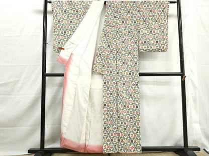 平和屋着物■上質な小紋　型染め　扇面花文　松竹梅　正絹　逸品　DABJ0215qa