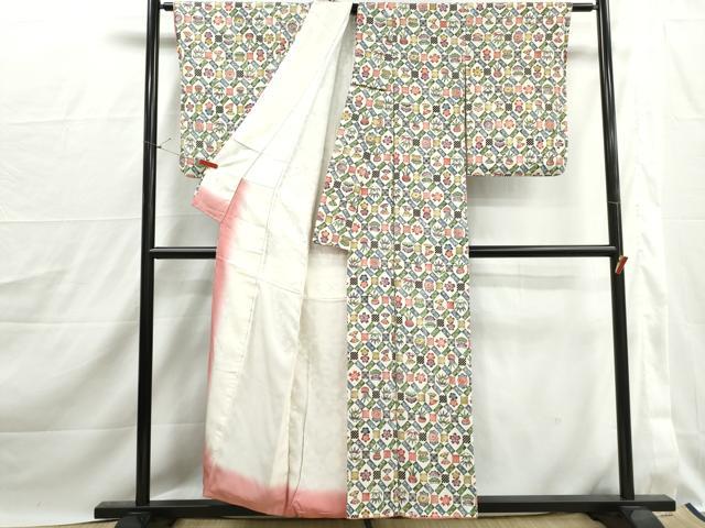 平和屋着物■上質な小紋　型染め　扇面花文　松竹梅　正絹　逸品　DABJ0215qa