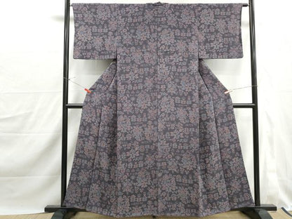 平和屋着物■上質な小紋　更紗花文　鬼しぼ縮緬　正絹　逸品　DABJ0216qa