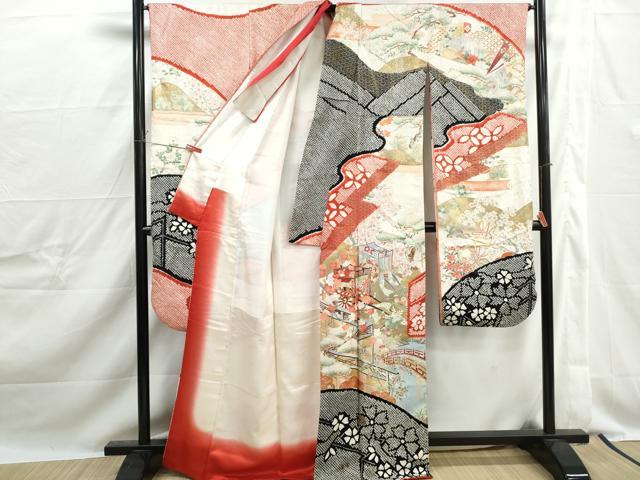 平和屋着物■豪華振袖　絞り　風景花鳥文　孔雀　金彩　正絹　逸品　DABJ0226qa