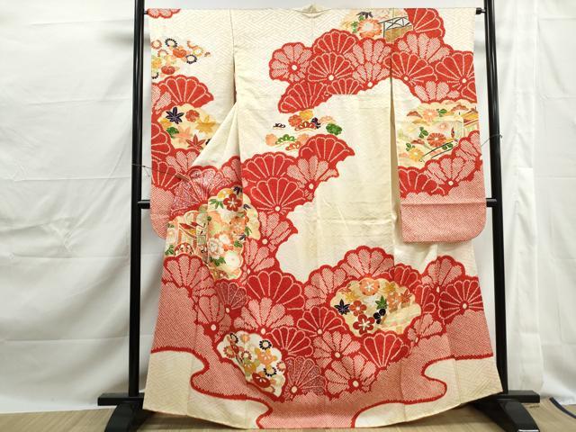 平和屋着物■豪華振袖　駒刺繍　絞り　御所車花文　金彩　正絹　逸品　DABJ0243qa