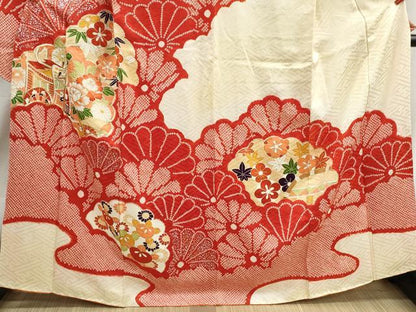 平和屋着物■豪華振袖　駒刺繍　絞り　御所車花文　金彩　正絹　逸品　DABJ0243qa
