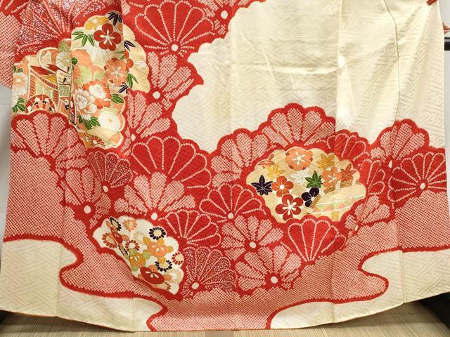平和屋着物■豪華振袖　駒刺繍　絞り　御所車花文　金彩　正絹　逸品　DABJ0243qa